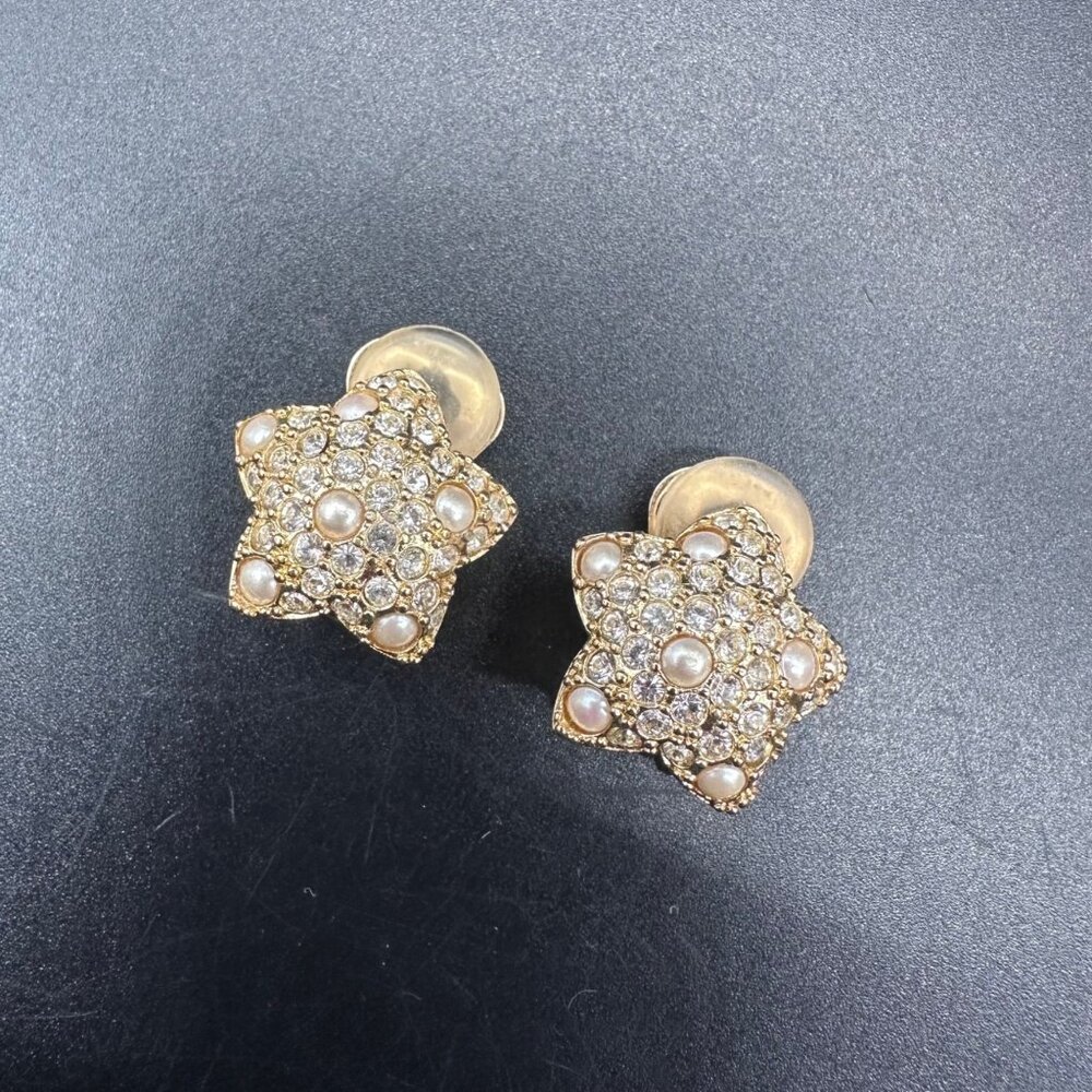 Vintage Christian Dior Star Clip On Earrings Gold Tone Faux Pearl Crystal